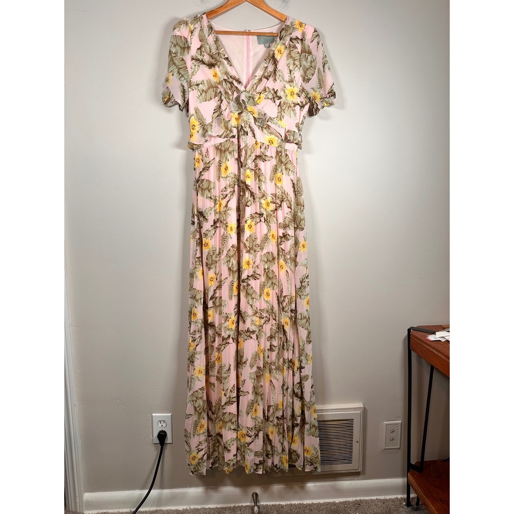 Skies Are Blue Maxi Dress Women Small Pink Tropical Palm Floral Pleated Ruffle